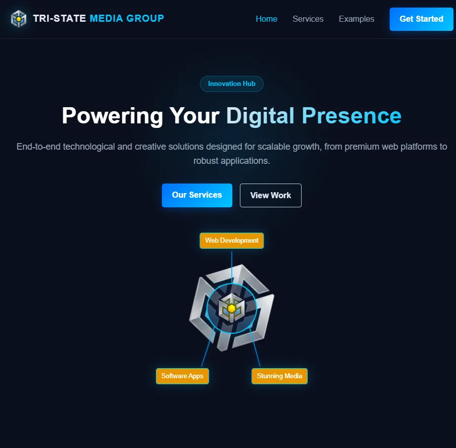 Tri-State Media Group website landing page with hero message and services