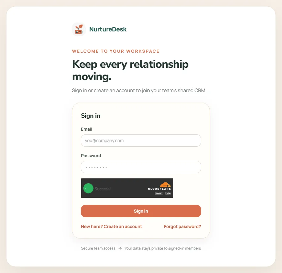 NurtureDesk CRM dashboard showing a sales pipeline and client notes