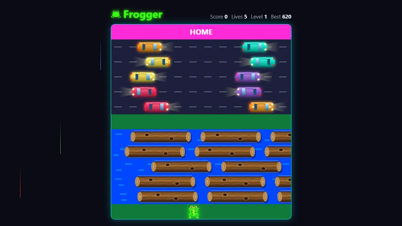 Neon Frogger arcade game with a frog crossing a road and river