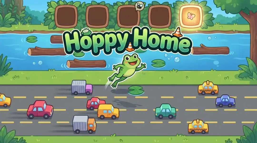 Hoppy Home — a cheerful frog mid-hop over rushing traffic on its way to five glowing safe zones