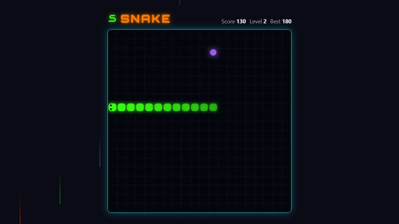 Neon Snake arcade game with a glowing green snake chasing food on a dark grid
